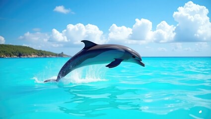 Naklejka premium Common bottlenose dolphin leaping in the air, ocean