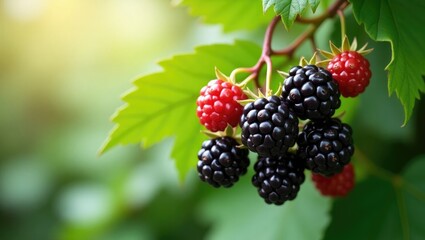 Blackberries growing on a branch