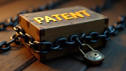 Concept for copyright, patent or intellectual property and protection of ideas. Box secured with a lock and chain.