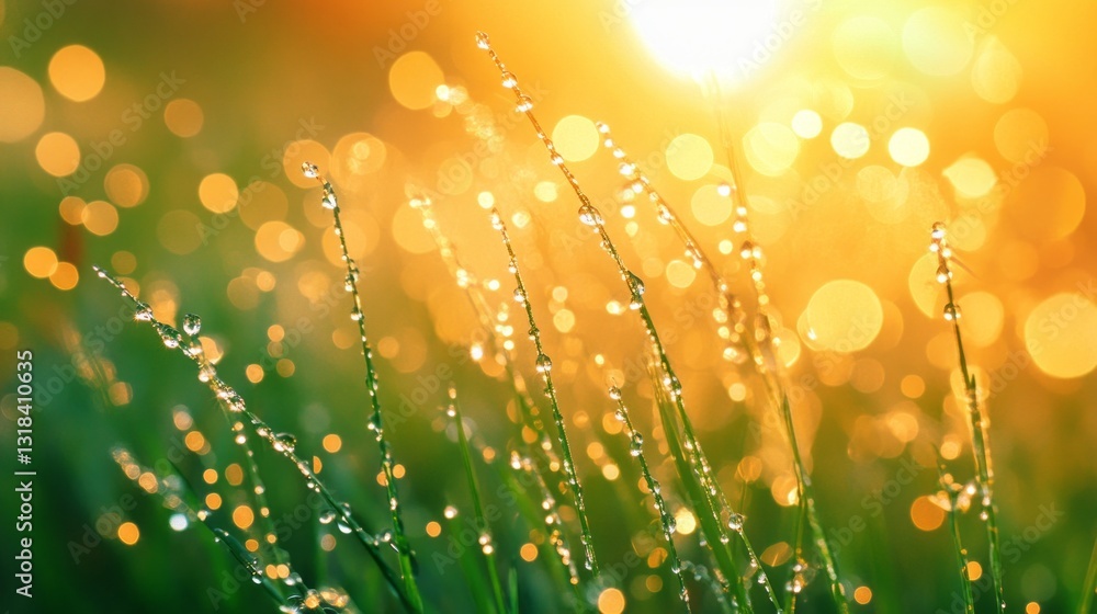Poster in the early hours of the day, sunlight glistens on tiny dewdrops, creating a shimmering effect on t