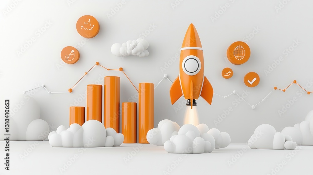 Poster vibrant 3d rendered of an orange rocket symbolizing the launch of a successful business with growth 