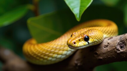 Obraz premium Craspedocephalus yellow flat-nosed snake observed closely on wood
