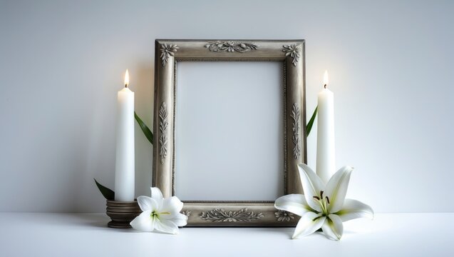 Blank funeral photo frame with candles and lilies set against a white background.