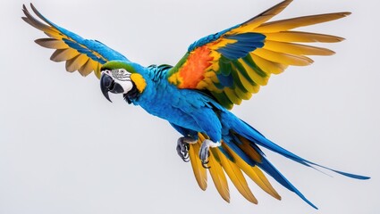 Obraz premium Colorful flying blue and gold macaw parrot against a white backdrop.