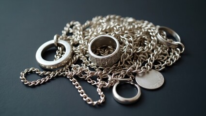 Pile of old scrap silver jewellery, including rings, pendants, chain necklaces, and earrings. Concept of recycling scrap silver objects.