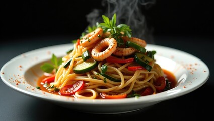 Dish of spicy rice vermicelli noodles garnished with tender squid and a colorful variety of vegetables on a black background.