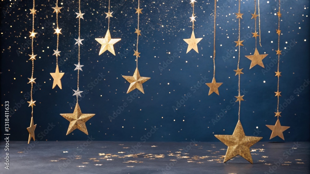 Poster golden glitter stars suspended on strings against a dark blue background with scattered stars on the