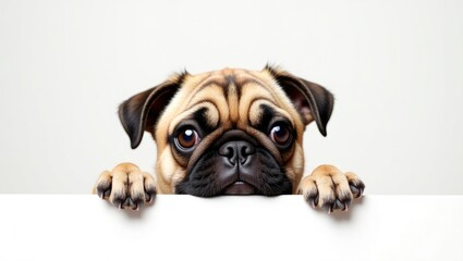 Close-up of a pug puppy dog peeking out and holding its paws in a blank space. Isolated on background.