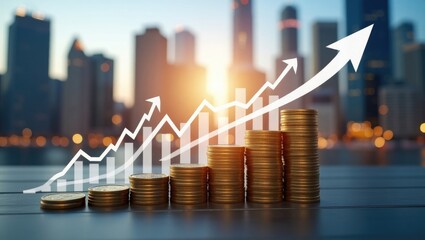 Double exposure of graph and stacks of coins for finance and business concept