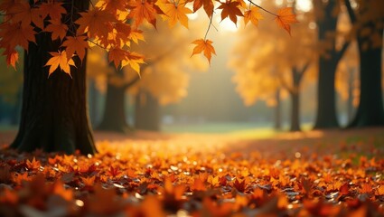 Sunny autumn day showcasing stunning orange fall foliage in the park. Ground blanketed in dry fallen leaves illuminated by bright sunlight. Autumn landscape featuring maple trees and sun. Natural b...