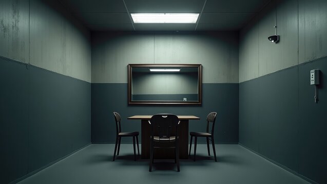 Empty interrogation room. Illuminated investigation room featuring a surveillance camera and a mirrored wall.