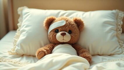 Teddy bear with bandage, child medical care