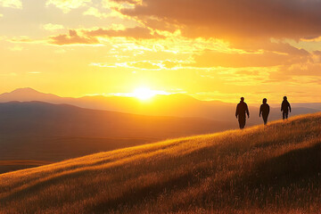 Fototapeta premium Hikers on hilltop at golden sunset