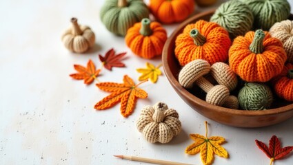 Collection of clew of thread for knitting. Crocheted mushrooms, pumpkins, handmade, autumn hobby idea. Props and special craft tools in the background.