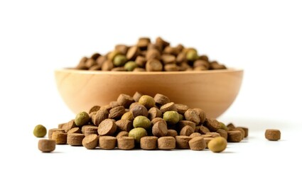 Dried kibble animal food. Dehydrated food for cats or dogs isolated on a white background.