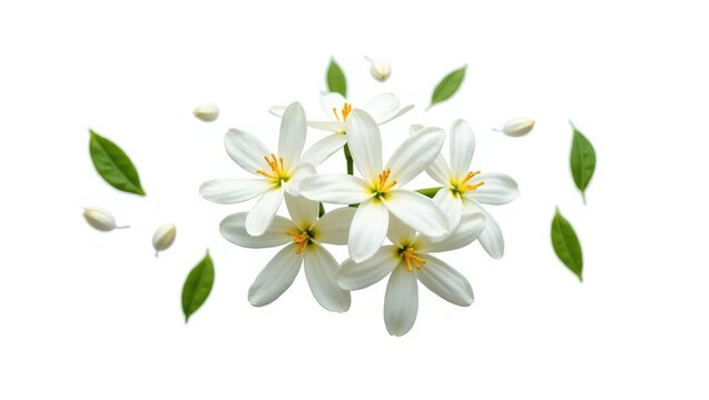 Lovely jasmine flowers with leaves floating in the air against a white background.