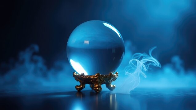 Crystal ball against a dark blue smoky backdrop.