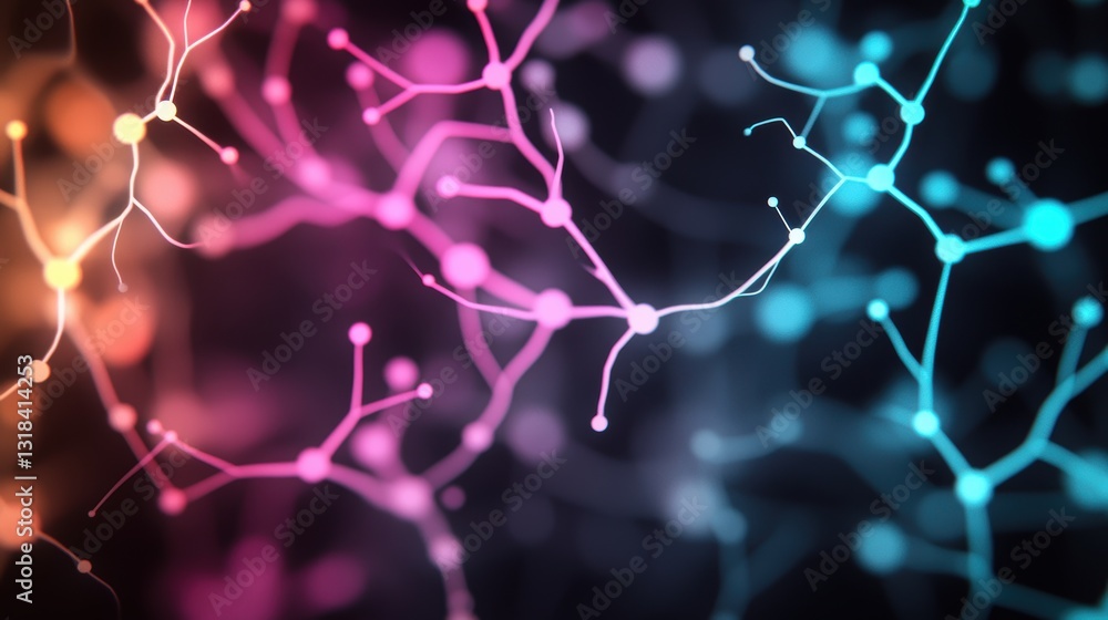 Poster a web of glowing nodes and lines, in a spectrum of vibrant colors, pulsing with energy against a dar