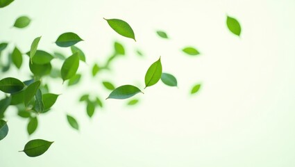 Obraz premium Green Floating Leaves and Flying Leaves with Green Leaf Dancing, Air Purifier Atmosphere Simple Main Image on white background