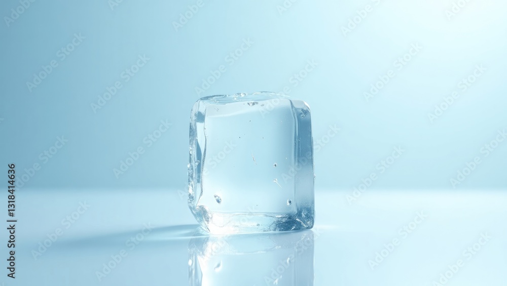 Poster crystal clear, pristine ice block resting on a white surface with a reflection. large piece of ice.