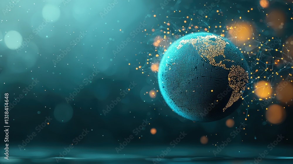 Poster a blue planet earth with glowing dots and lines forming a complex network of connections, illustrati