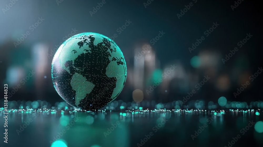 Poster rotating globe with pulsing lines and dots emanating from major cities, visualizing the flow of info