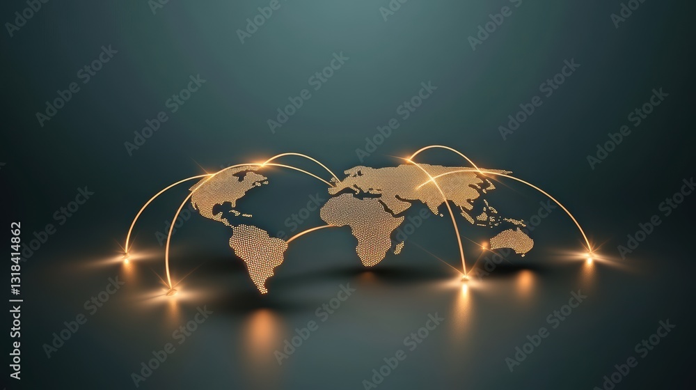 Poster abstract representation of a global network with continents connected by glowing lines, symbolizing 