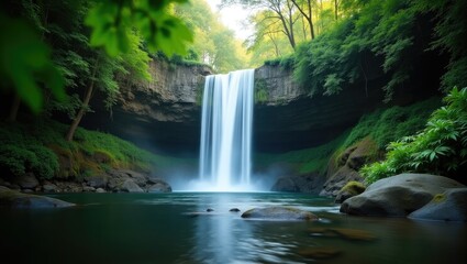 Waterfall landscape. Emphasis on waterfall, with leaves out of focus. Stunning waterfall in tropical rainforest. Jungle river. Excursion in rainforest. Slow shutter speed, motion photography.
