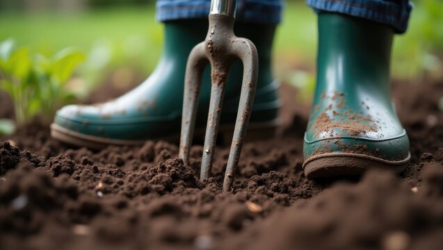 Gardener using a garden fork to dig the earth for soil cultivation in preparation for planting.