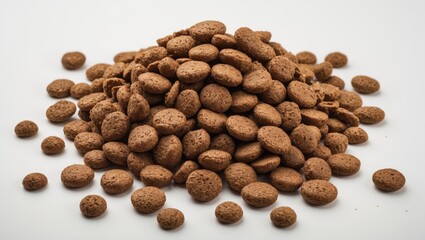 Dog food stack, dry granules for puppies and young dogs placed on a white background.