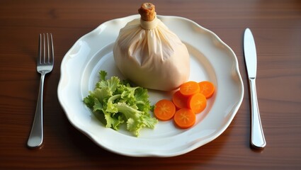 Creative representation of food from above, using plastic bags placed on an elegant ceramic plate, highlighting environmental issues linked to plastic consumption.