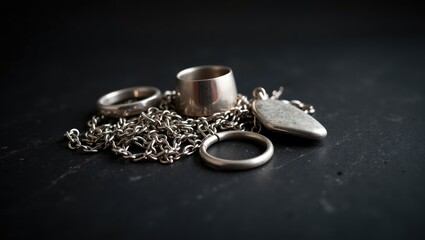Collection of old scrap silver jewellery, including rings, pendants, chain necklaces, and earrings. Scrap silver objects recycling concept.