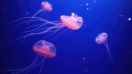 Jellyfish in an underwater scene. Spotted jellyfish drifting in deep blue waters. Underwater ocean life featuring jellyfish. Stunning jellyfish, medusa illuminated in neon red light.