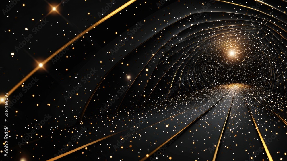 Poster abstract background with bright, glowing lines and dots converging towards a central point, represen