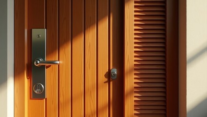 Obraz premium Modern design solid wood door featuring a stainless steel handle and key.