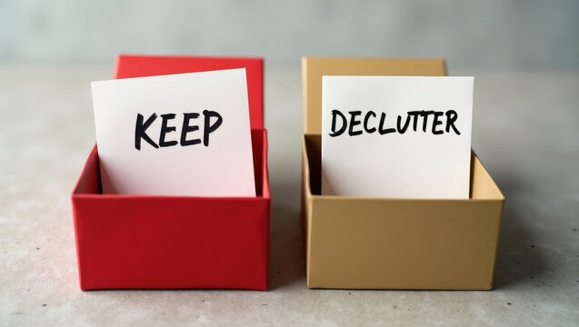 A conceptual still-life of decluttering and tidying up, featuring storage boxes labeled with "Keep" and "Declutter" positioned beside each other.