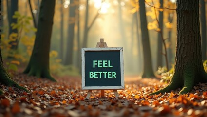 Feel better sign. White chalkboard displaying words. Gorgeous forest backdrop. Business and concept. Space for text.