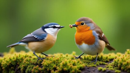 Eurasian nuthatch and robin in the woodland. Charming garden birds from distinct species engaging in a natural setting. Two vibrant birds in the background image.