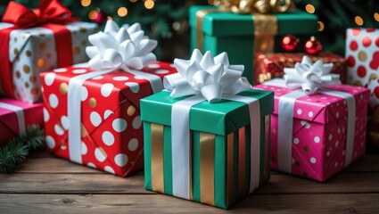 Obraz premium Present and gift box decorated on a wooden table for the holidays.