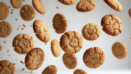 Falling oatmeal cookies set against a white background.