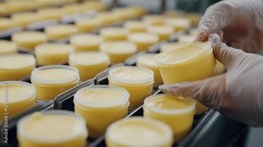 Aufkleber worker carefully placing yellow cream containers in a production line within a factory setting