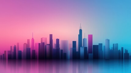 Fototapeta premium A city skyline at dusk, with the fading light painting the sky in a gradient of purple and blue, reflecting off the glass buildings below.