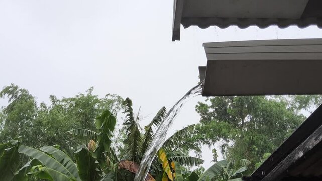 Water flows from the pipe, rainwater drainage behind the house. moderate rain during the day.
