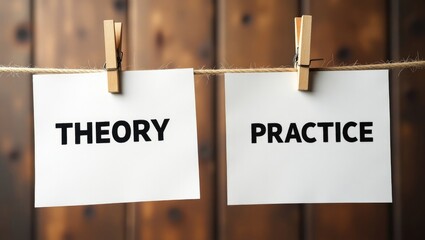 Symbol of theory and practice. Wooden clothespins holding white sheets of paper. Words 'theory practice'. Attractive wooden backdrop. Business, theory and practice concept, copy space.