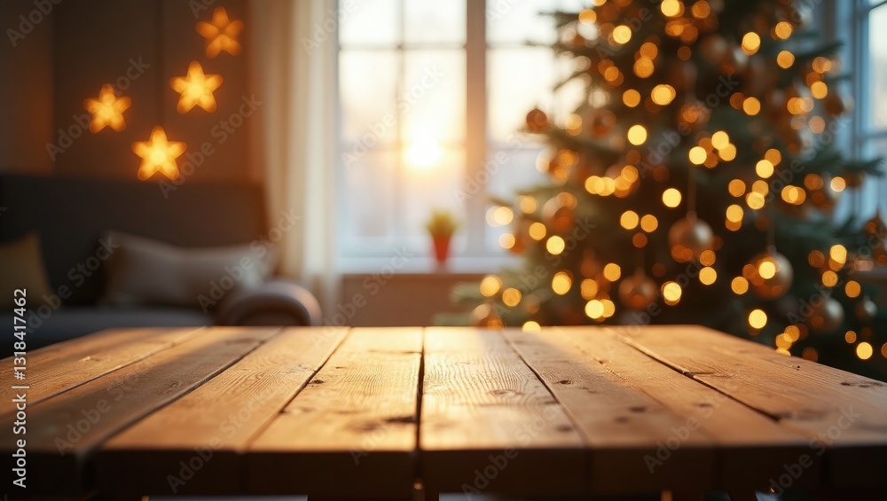 Poster empty table positioned in front of a christmas tree with a decorative background.