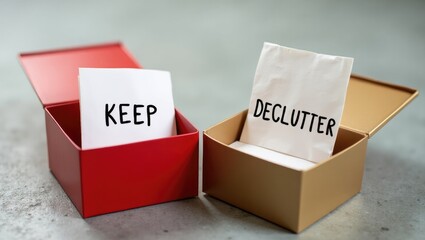 Conceptual still-life of decluttering and tidying up, featuring storage boxes with labels placed next to each other.
