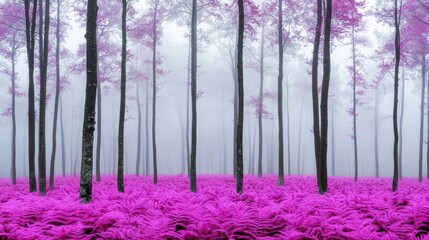 A misty forest with tall trees and a soft bed of purple ferns covering the ground, creating a magical and serene atmosphere.