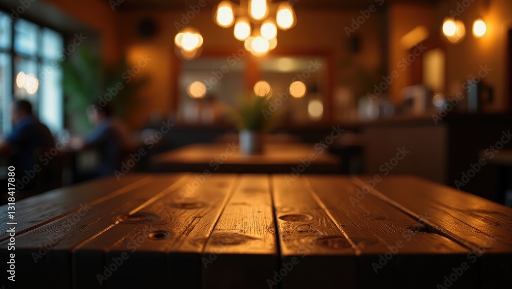 Aufkleber empty dark wooden table positioned before an abstract blurred bokeh background, suitable for showcas