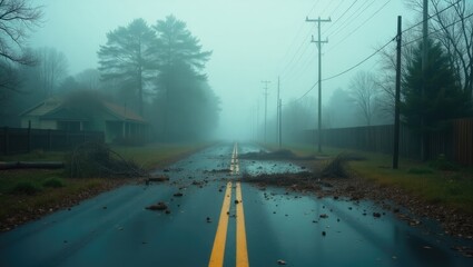 Debris obstructing the road in a storm