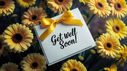 Message card wishing for a quick recovery with yellow gerberas.